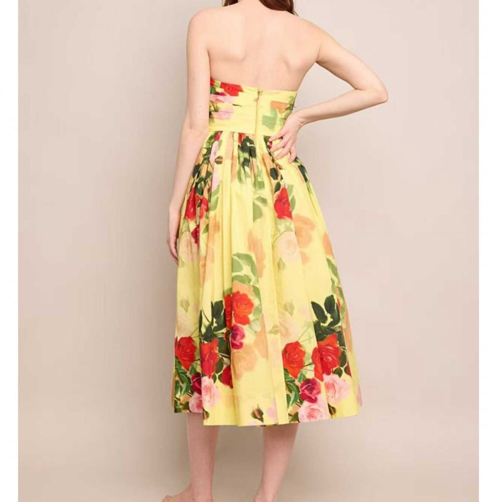 Cara Cara Daria Midi Dress - Le Rose Yellow Red Floral Strapless Cocktail Weddin - Picture 3 of 12